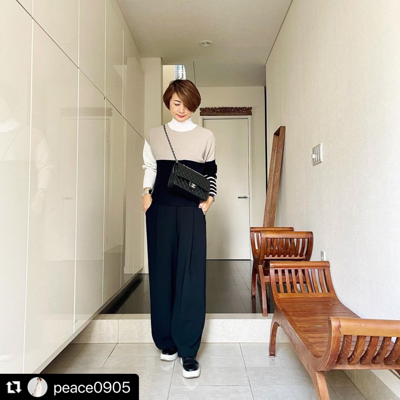 @peace0905 ハイネック配色畔編みニット(モデル身長：167cm)